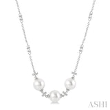1/5 Ctw 8x8MM Triple Cultured Pearls and Round Cut Diamond Circular Mount Necklace in 14K White Gold