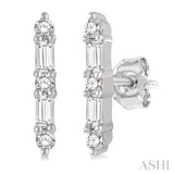 1/6 Ctw Solid Bar Baguette and Round Cut Diamond Petite Earring in 10K White Gold