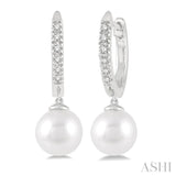 1/8 Ctw Round Cut Diamond & 6MM Cultured Pearls Drop Huggie Earrings 14K White Gold