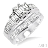 3 Ctw Diamond Wedding Set with 2 Ctw Emerald and Princess Cut Engagement Ring and 1 Ctw Wedding Band in 14K White Gold