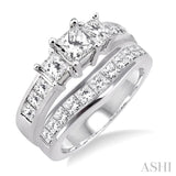 2 1/2 Ctw Diamond Wedding Set with 1 1/2 Ctw Princess Cut Engagement Ring and 1 Ctw Wedding Band in 14K White Gold