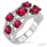 5x4 MM Oval Cut Ruby, 4x3 MM Oval Cut Ruby and 1/2 Ctw Round Cut Diamond Ring in 14K White Gold