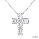 1/2 ctw Fusion Baguette and Round Cut Diamond Cross Fashion Pendant With Chain in 14K White Gold