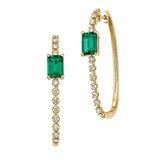 14K yellow gold hoop earrings with 7x5mm emerald-cut Chatham lab grown emeralds and Chatham lab grown diamond accents.