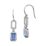 14K white gold earrings featuring emerald-cut Chatham lab grown aqua blue spinel with Chatham lab grown diamond accents.