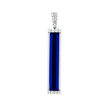 14K white gold bar pendant featuring an elongated baguette Chatham lab grown sapphire with Chatham lab grown diamond accents.