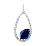14K white gold pendant featuring an 11x7mm flame cut Chatham lab grown sapphire with Chatham lab grown diamond accents.
