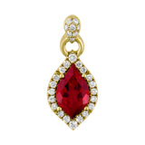 14K yellow gold pendant featuring a Chatham lab grown ruby in their exclusive flame cut with lab grown diamond accents.