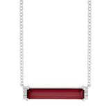 14K white gold bar necklace featuring an elongated baguette Chatham lab grown ruby with Chatham lab grown diamond accents.