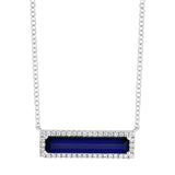 14K white gold bar Necklace featuring an elongated baguette Chatham lab grown sapphire and Chatham lab grown diamond accents.