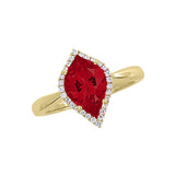 14K yellow gold ring with an 11x7mm flame cut Chatham lab grown ruby and Chatham lab grown diamond halo accents.