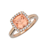 14K rose gold ring presenting an 8mm century-cut Chatham lab grown champagne sapphire with a halo of Chatham lab grown diamonds.