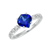 14K white gold ring featuring an 8.5x8mm onion-cut Chatham lab grown blue sapphire and Chatham lab grown diamond accents.