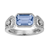 14K white gold ring featuring an emerald-cut Chatham lab grown aqua blue spinel with Chatham lab grown pavé diamond accents.