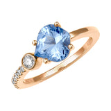 14K rose gold ring featuring an onion-cut Chatham lab grown aqua blue spinel with Chatham lab grown diamond accents.